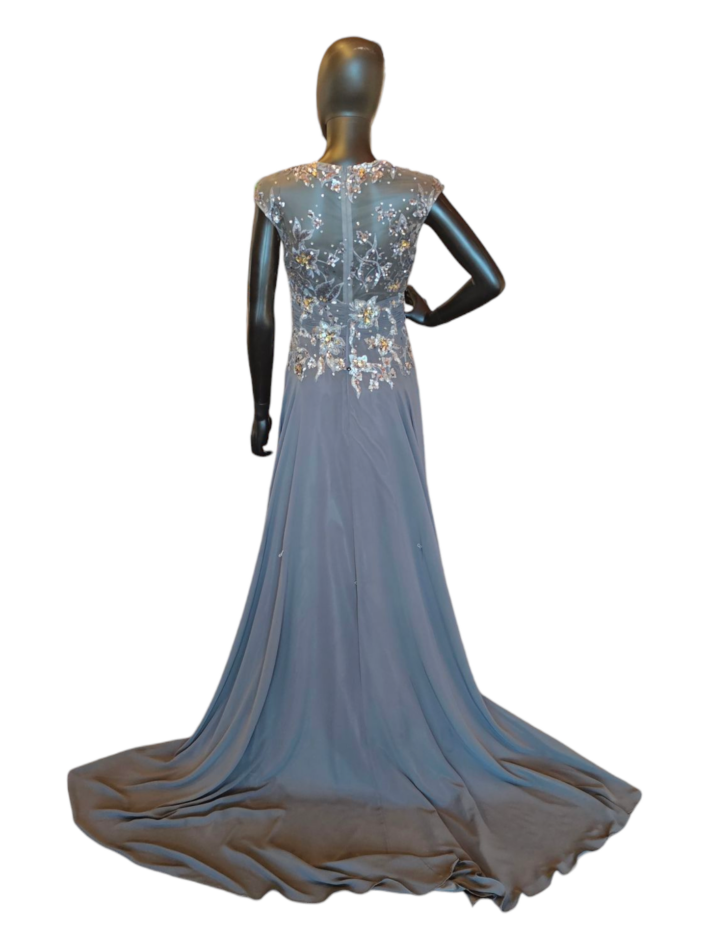 Grey Chiffon Gold Jewel Formal Dress - Vienna