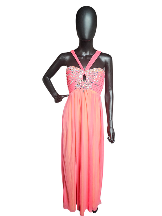 Coral/Yellow Crystal Halter Prom Dress