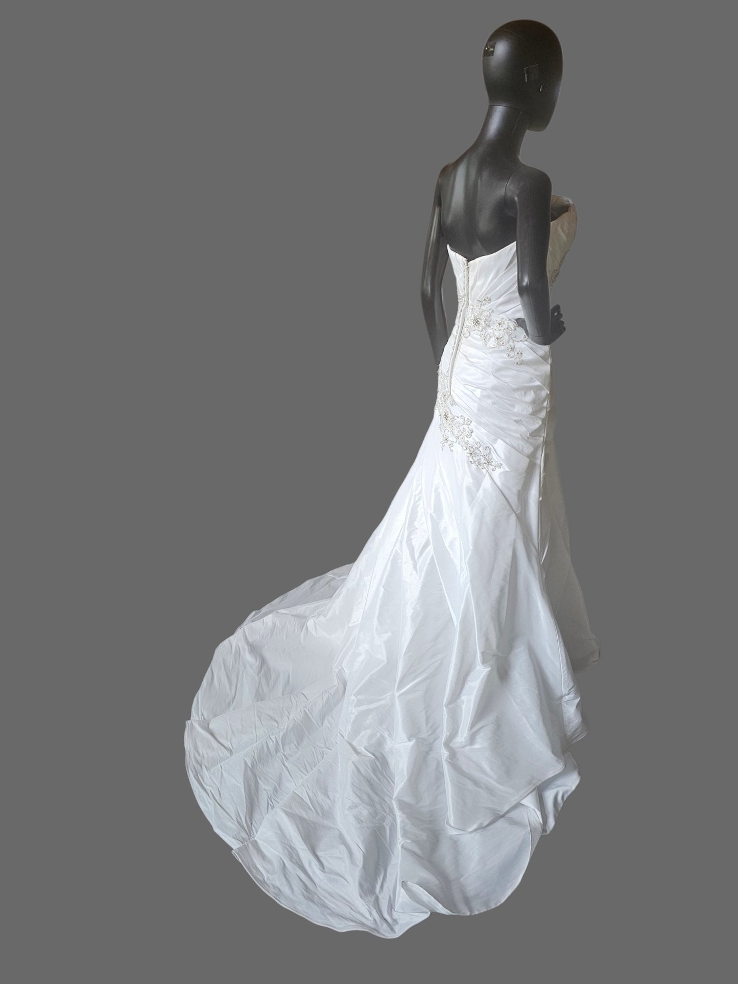 White Taffeta Side Sweep Detailed Applique Strapless Wedding Gown - Casablanca