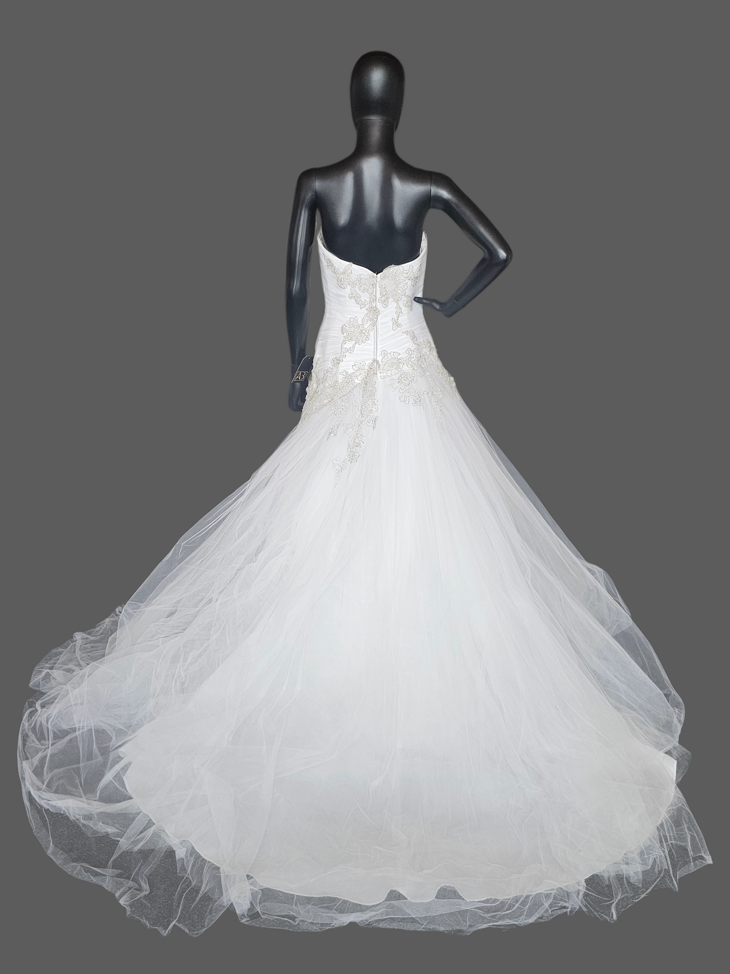White Tulle Asymmetrical Drop Waist Silver/Gold Embroidered Strapless Wedding Gown - Casablanca