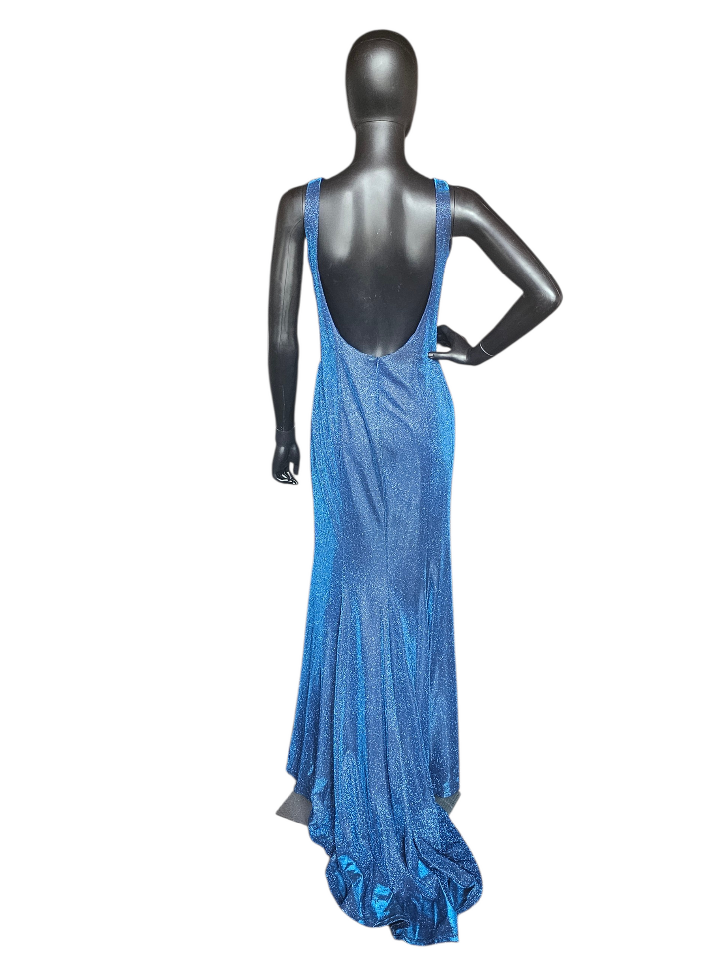 Blue Shimmer Fitted Maxi V-Neck Formal Gown - Blush Prom