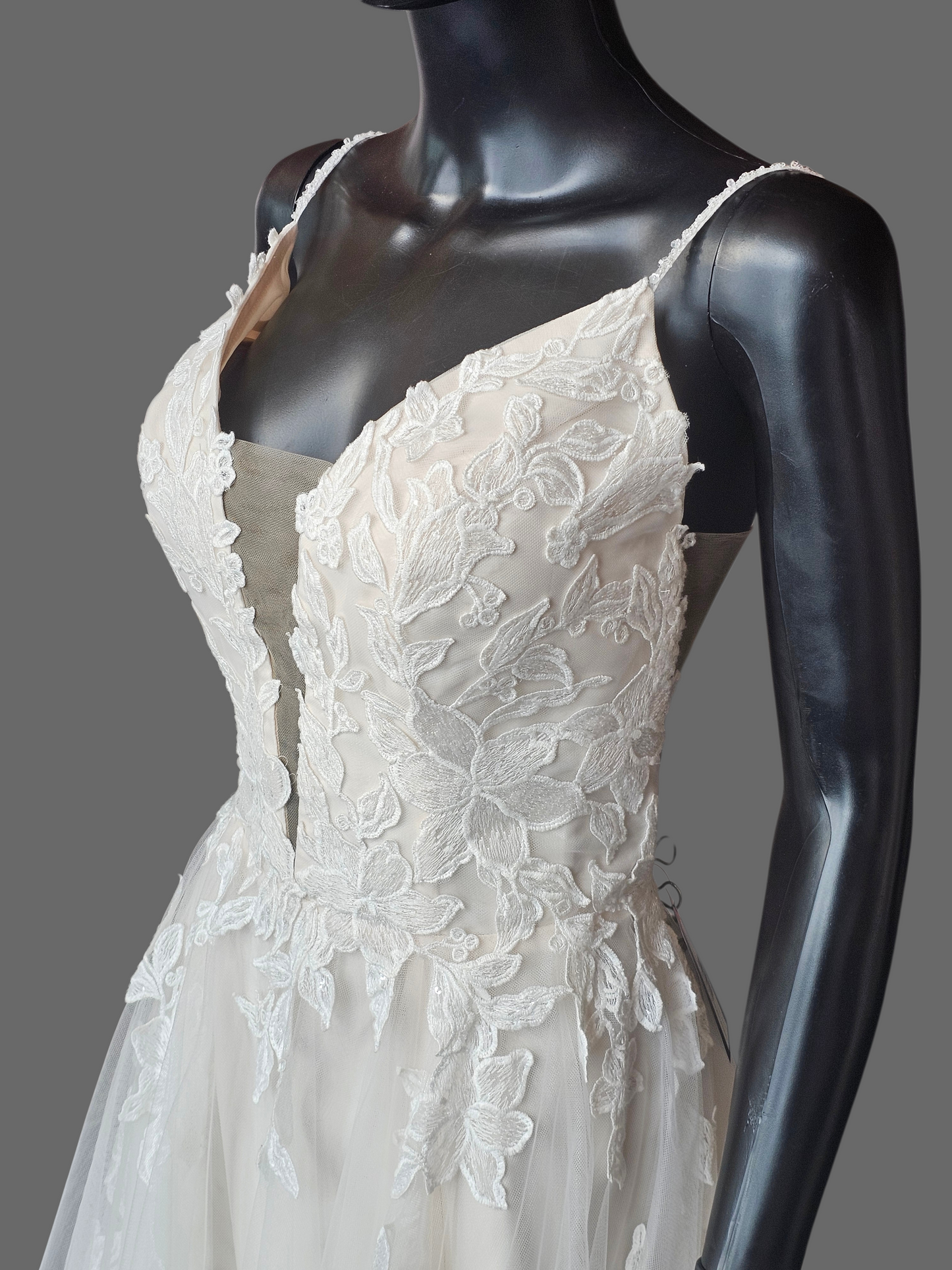 Ivory/Blush Floral Embroidered Plunge A-Line Wedding Gown - Casablanca Beloved