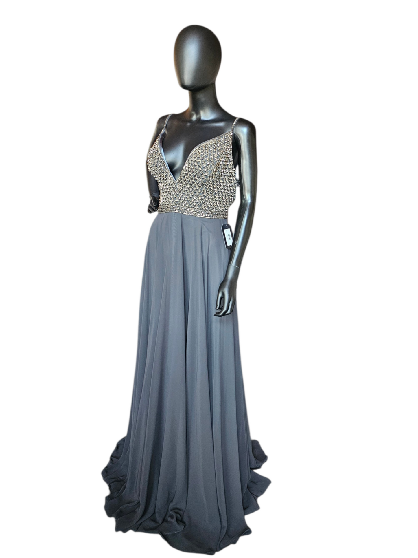 Charcoal A-Line beaded V-Neck Plunge Open Back Formal/Prom Dress - Jovani