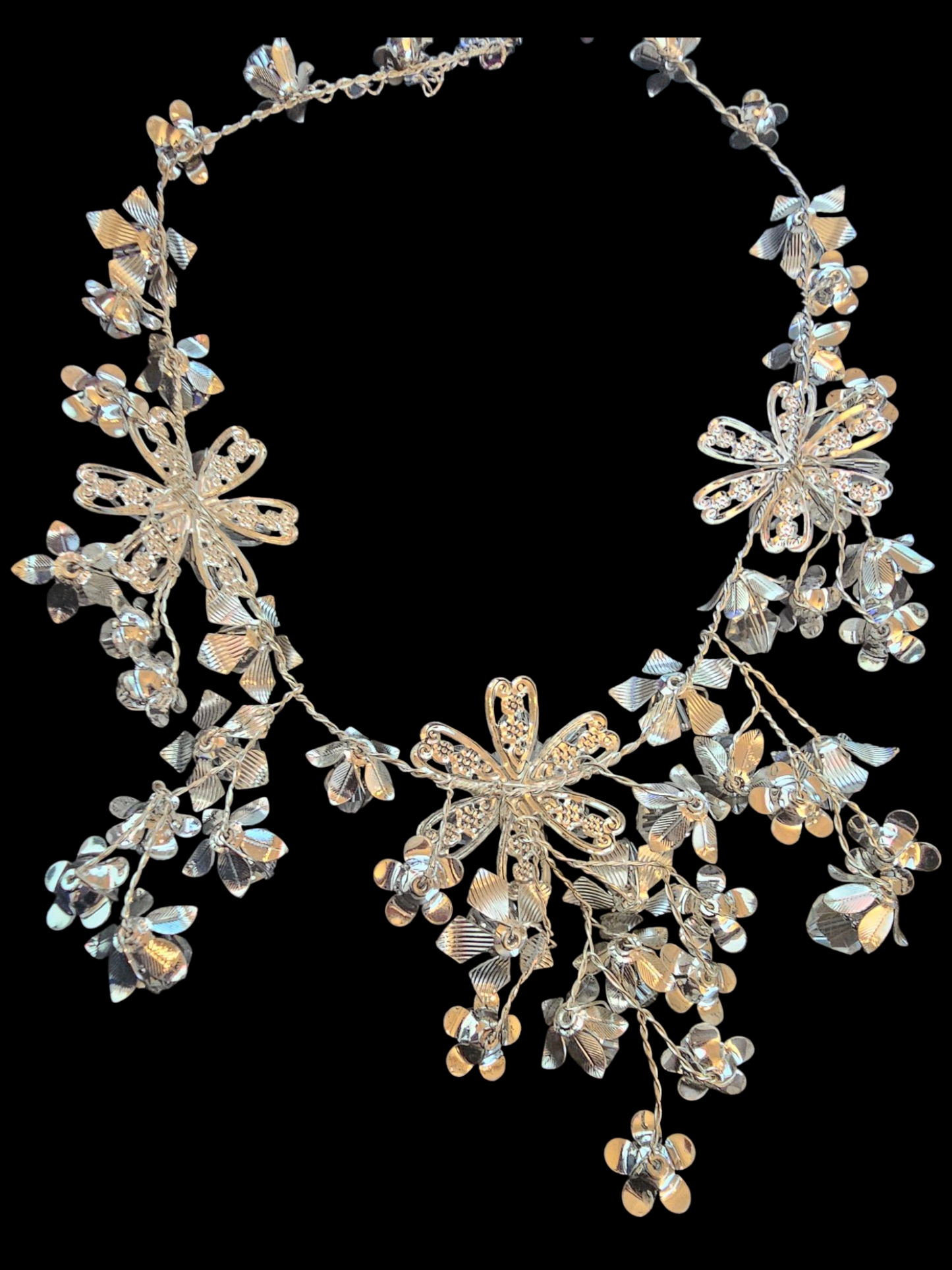 Silver/Swarovski Bead Woven Floral Necklace/Earring Set
