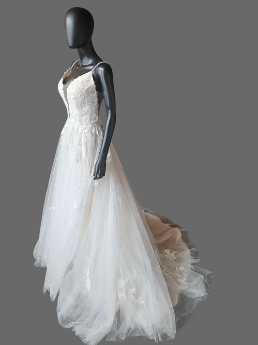 Ivory/Blush Floral Embroidered Plunge A-Line Wedding Gown - Casablanca Beloved