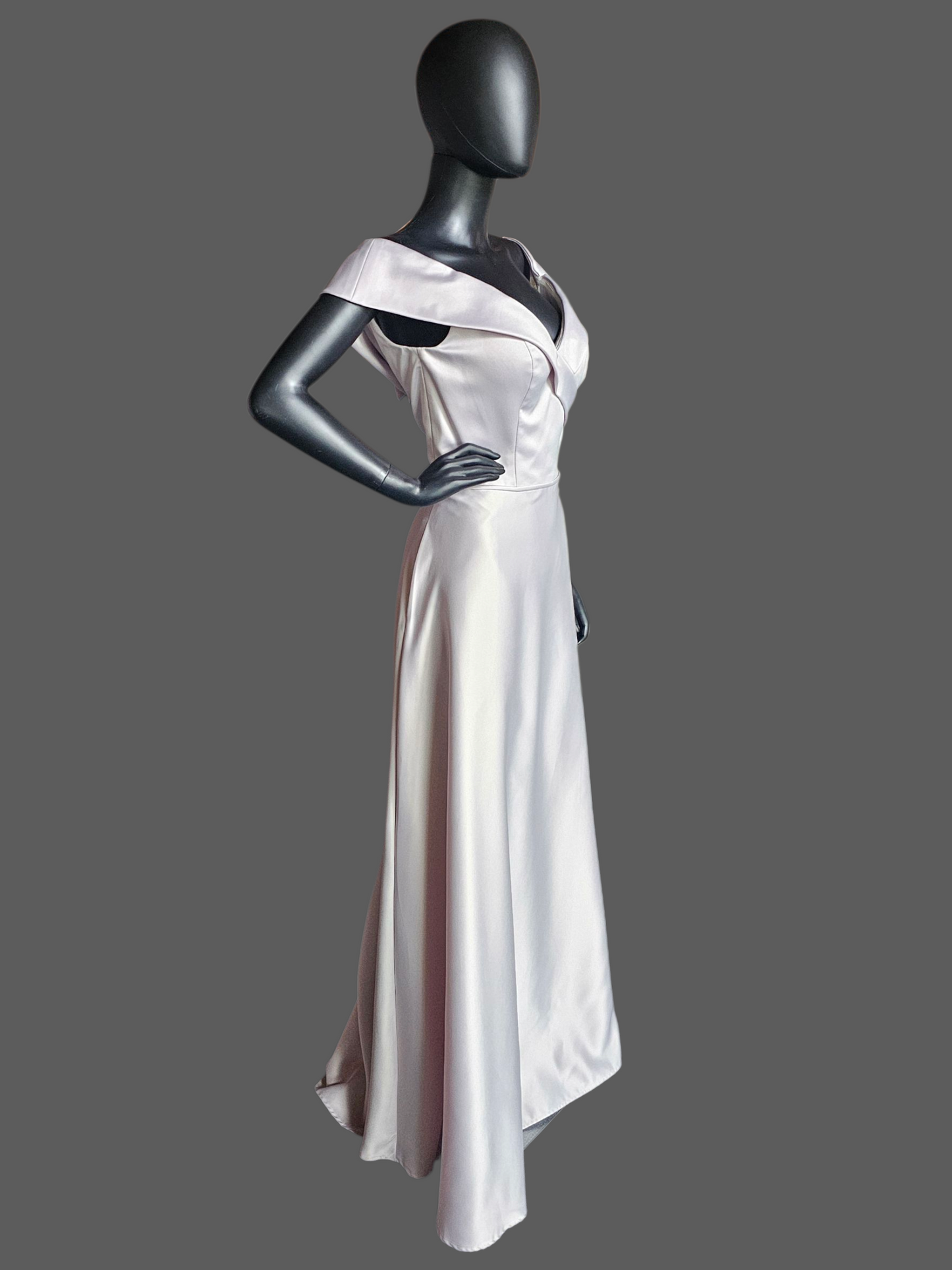 Dew Drop (Silver) Off Shoulder Satin Full Length A-Line Formal Dress - Mori Lee