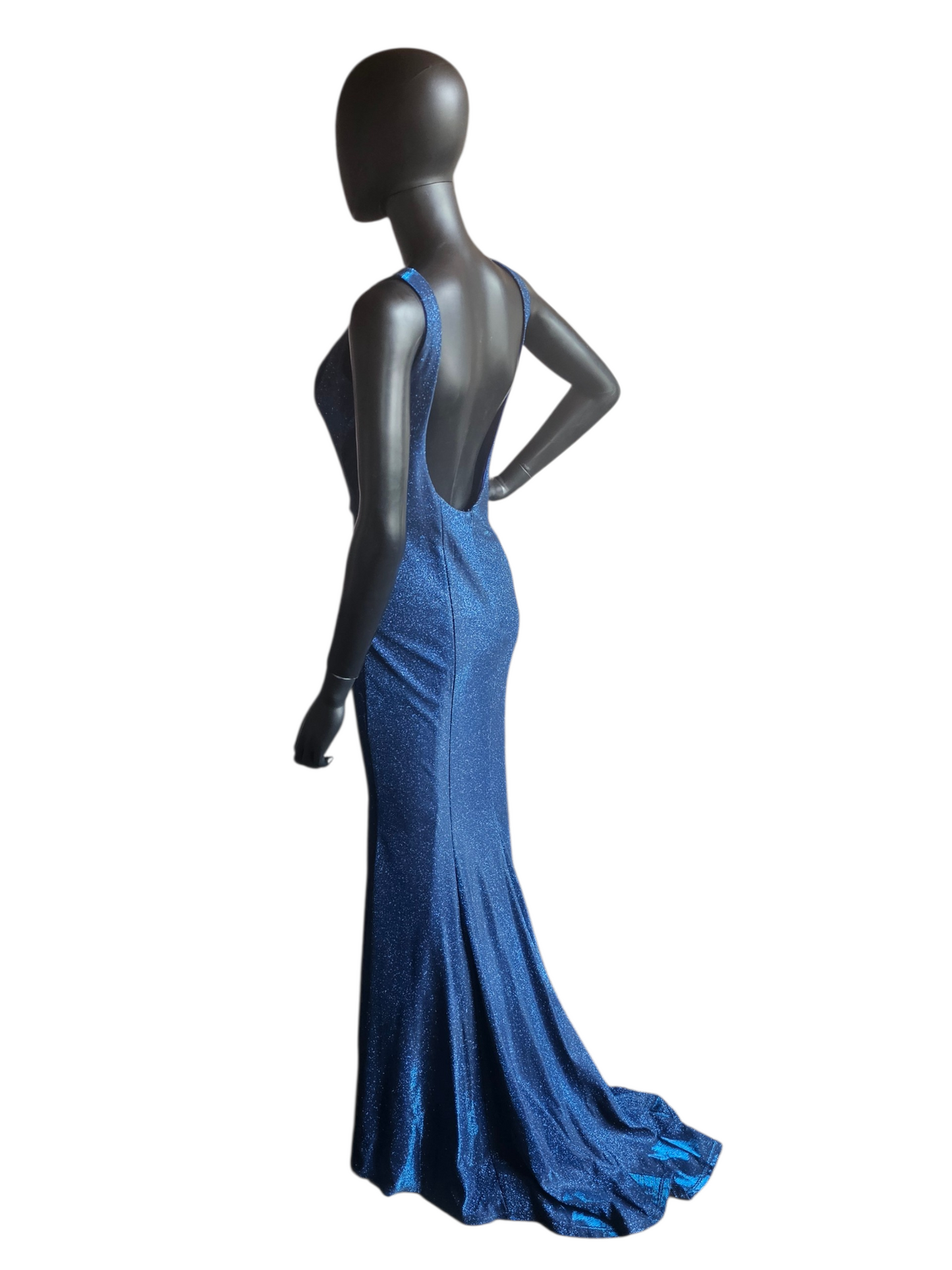 Blue Shimmer Fitted Maxi V-Neck Formal Gown - Blush Prom