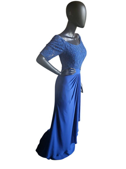 Royal Blue Scoop Neck Lace Gathered Waist - Alyce Paris