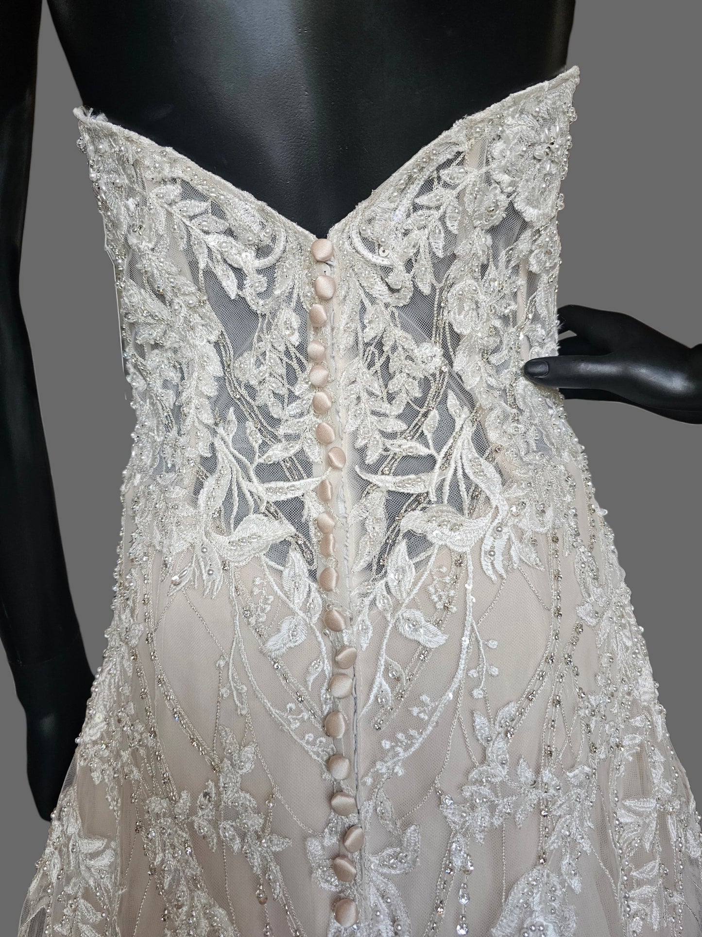 Nude/ White Full Scale Floral Beading Strapless Sweetheart Illusion Bodice Beaded Fit/Flare Wedding Gown - Beloved