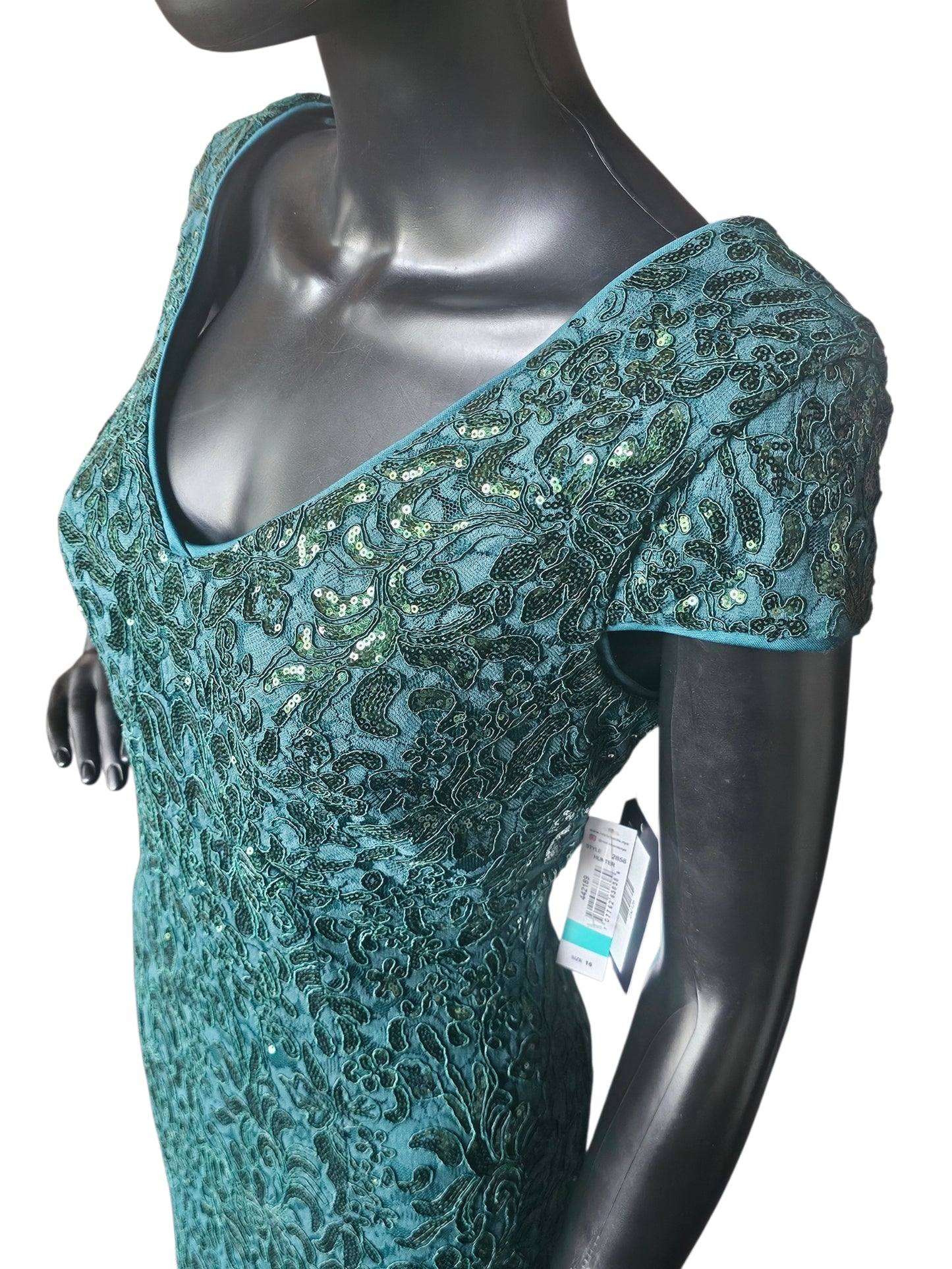 Hunter Green Floral Sequin Detail Cap Sleeve Full Length- R & M