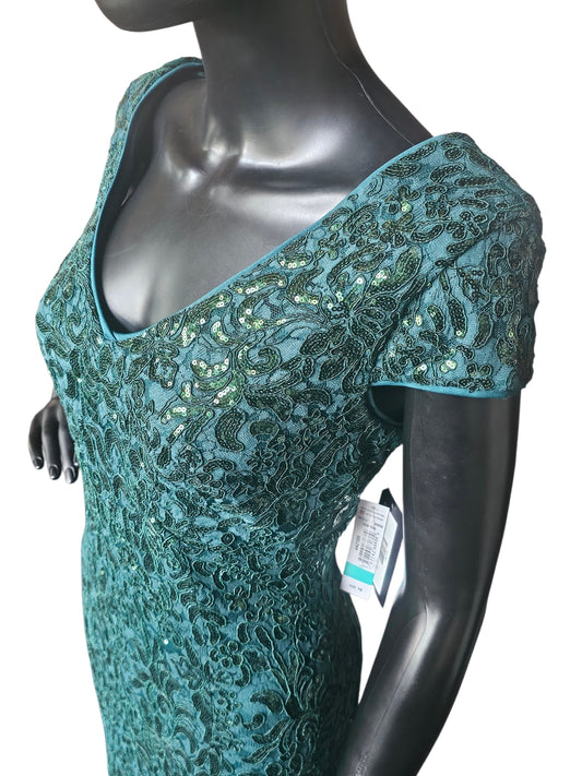 Hunter Green Floral Sequin Detail Cap Sleeve Full Length Formal Dress - R & M Richards