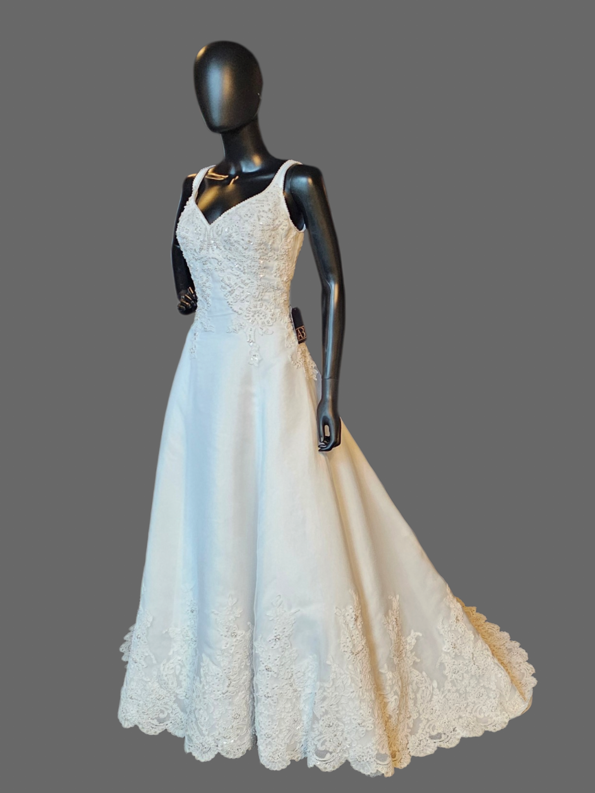 White V-Neck Lace Applique Organza Wedding Gown - Oleg Cassini