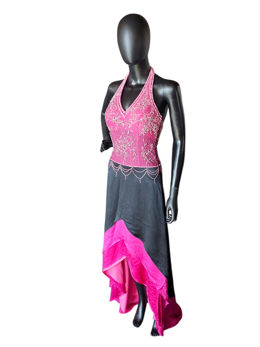 Vintage Y2K 100% Silk Pink/Black Halter High Low Hem Dress - Cassandra Stone