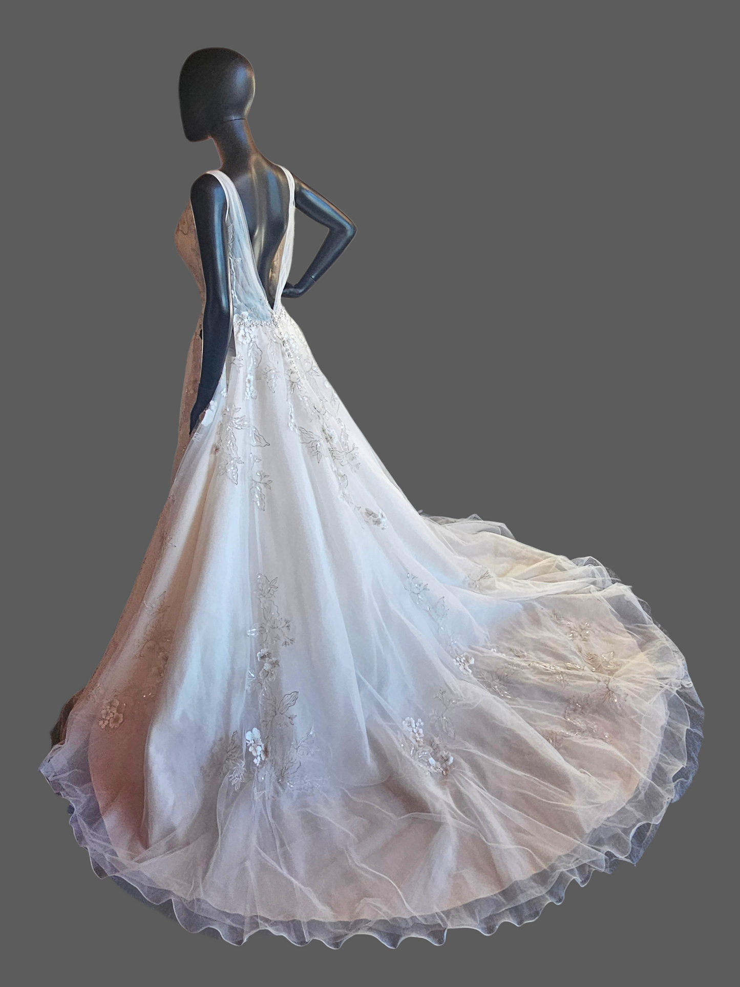 Ivory/Vanilla V-Neck Belted A-line Floral Embroidered Wedding Gown - Martin Thornburg