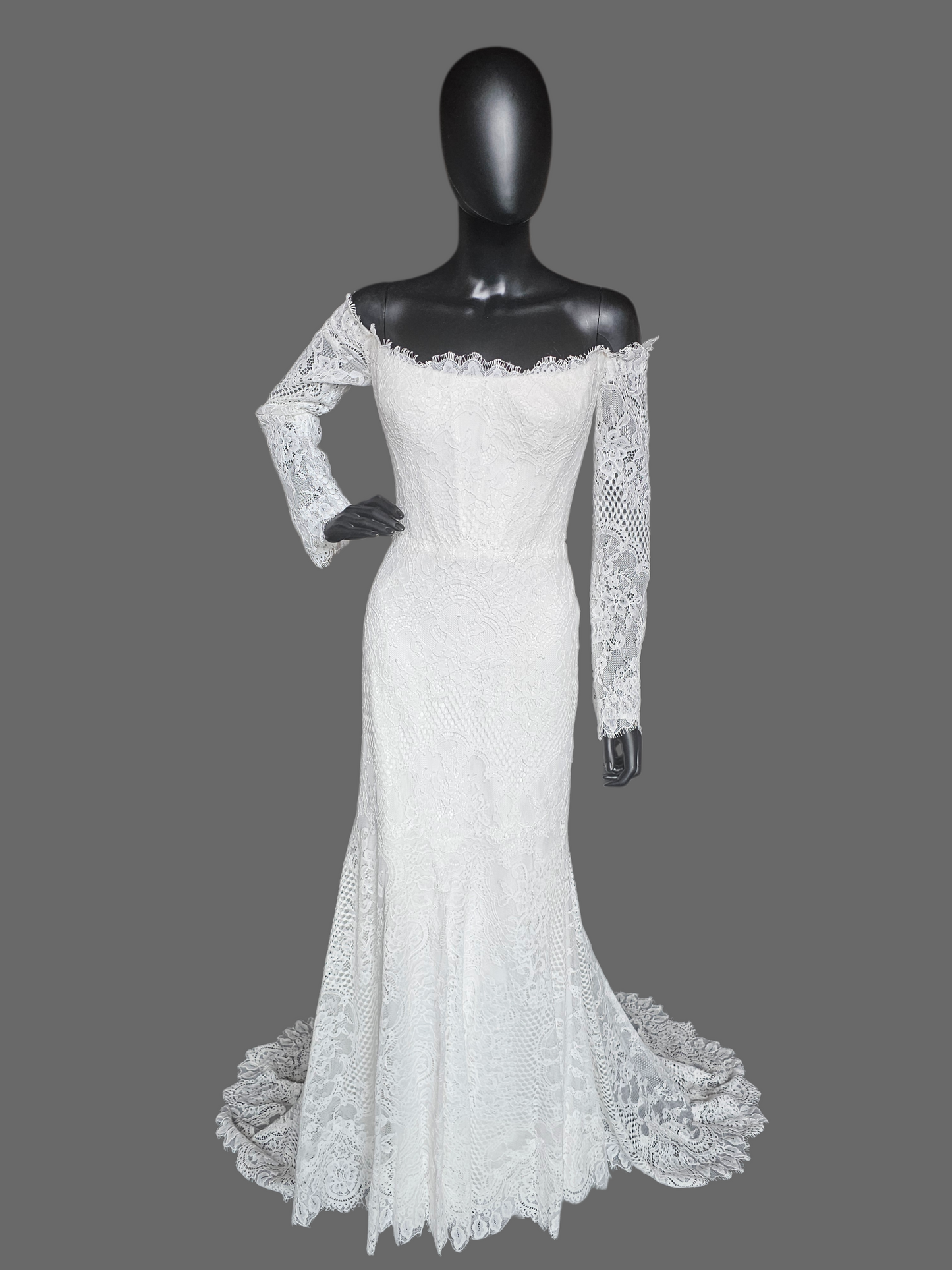 Off Shoulder Soft Ivory Lace Sleeve Fit/Flare Wedding Gown - Wtoo