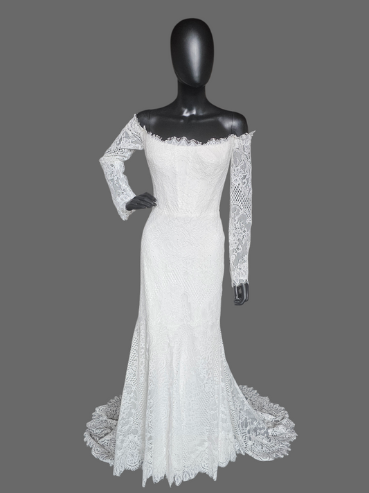 Off Shoulder Soft Ivory Lace Sleeve Fit/Flare Wedding Gown - Wtoo