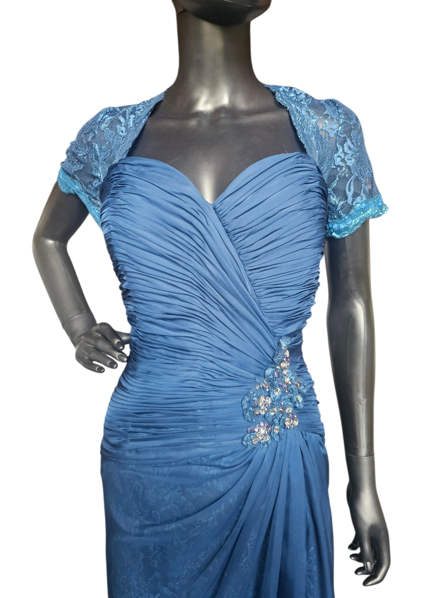 Navy Moms Dress Lace Cap Sleeve Lace Train Beaded Applica Sweetheart Neck  - Feriani Couture