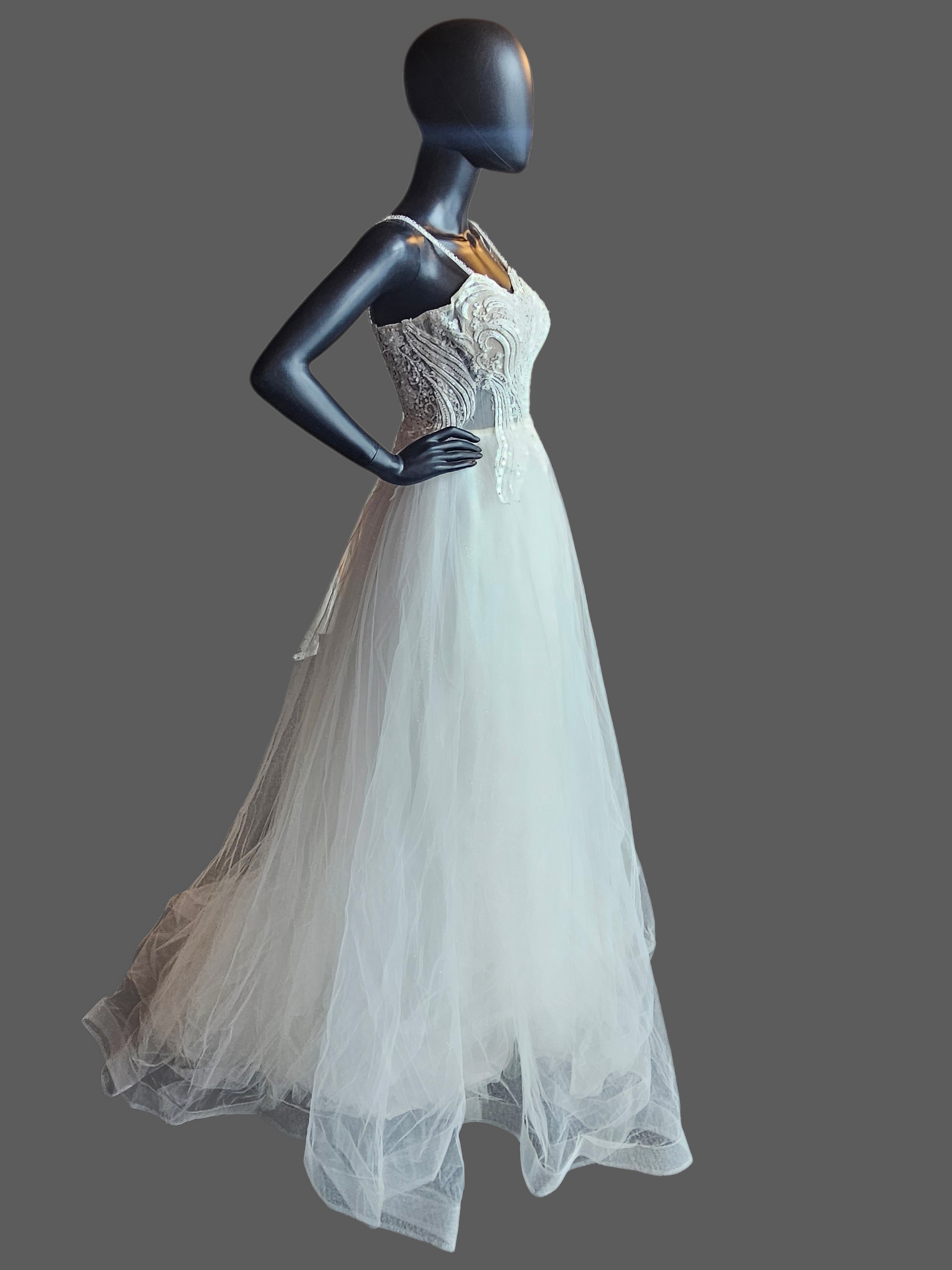 Ivory Spaghetti Strap Illusion Bodice Tulle A-Line Wedding Gown - Di La Sena - NWT