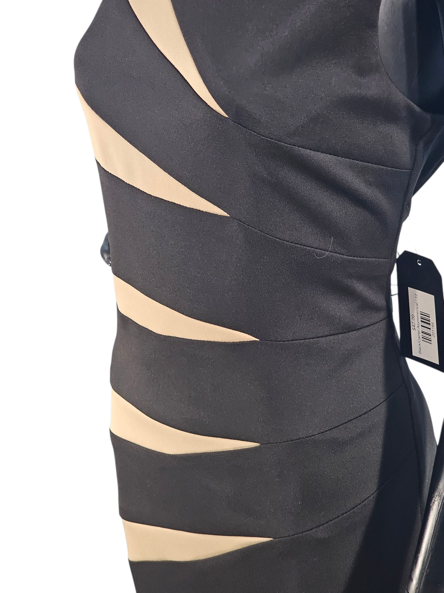 Black/Camel Asymmetrical Sheath Stretch Neoprene Dress - R&M Richards