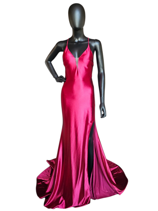 Red/Pink Stretch Plunge Halter Formal/Prom Dress - The Secret Room
