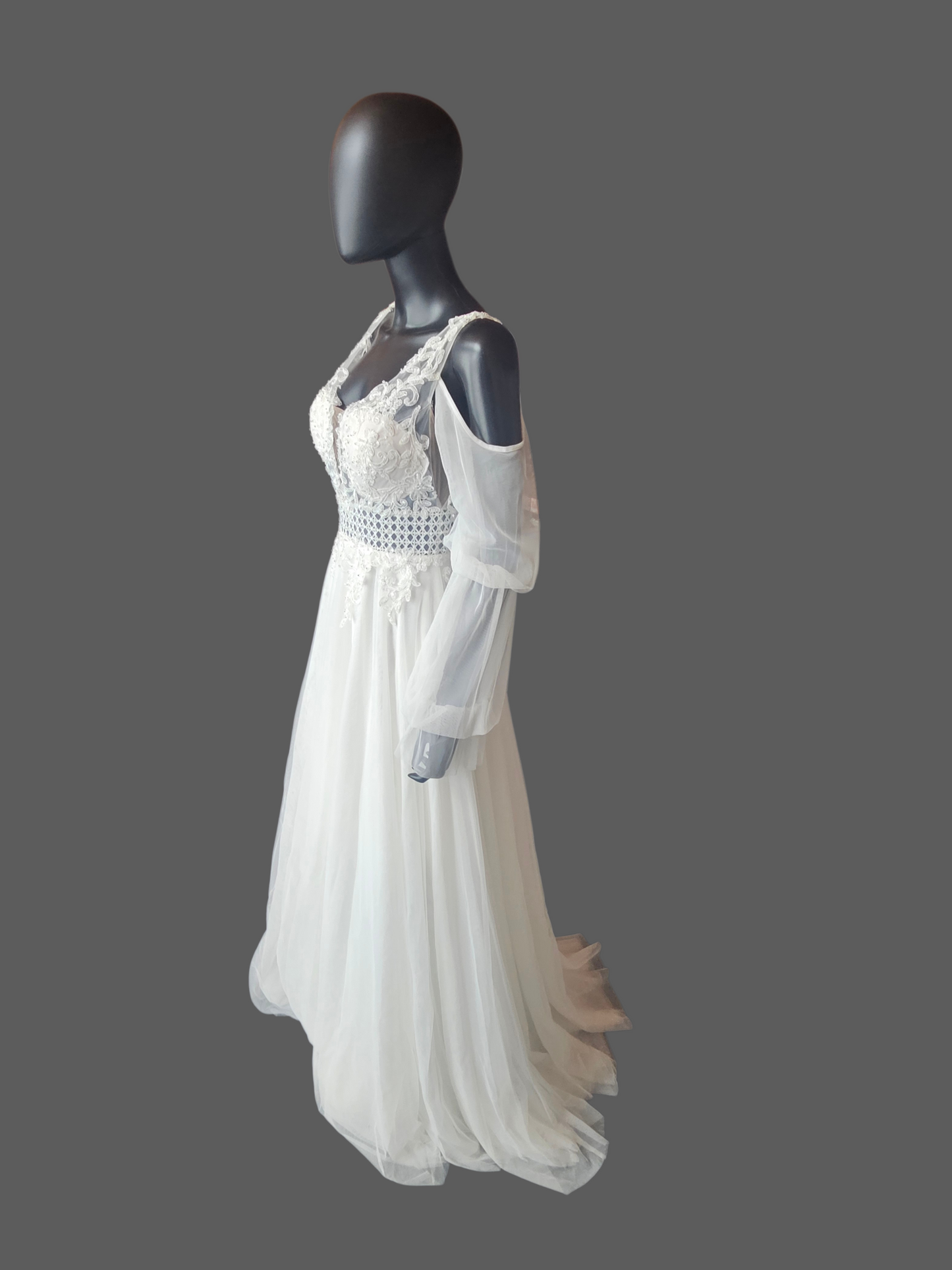 Ivory Boho V-Neck Cold Shoulder Lantern Sleeve Wedding Gown - Niobe - NWT