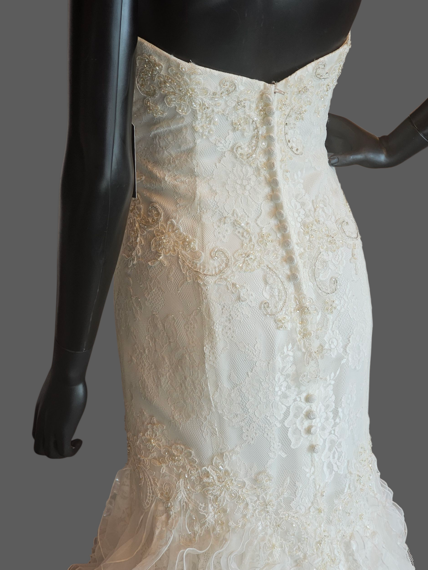 Ivory Lace Strapless Sweetheart Fit/Flare Verticle Ruffle Wedding Gown - Casablanca