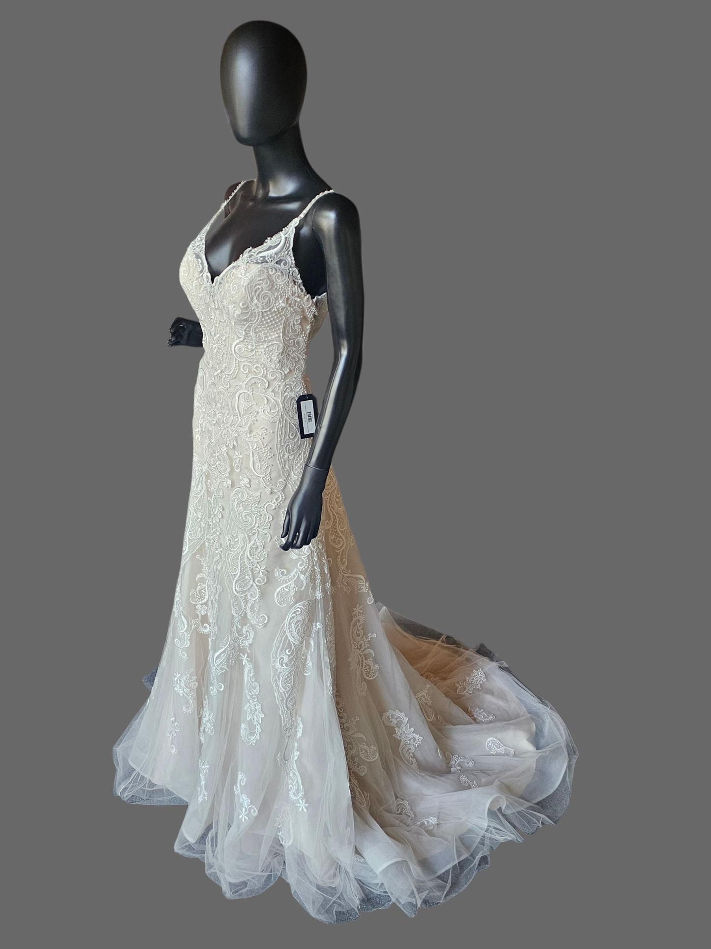 Blush/Ivory Beaded Strap Lace Open Back Fit-Flare Wedding Gown - Rebecca Ingram