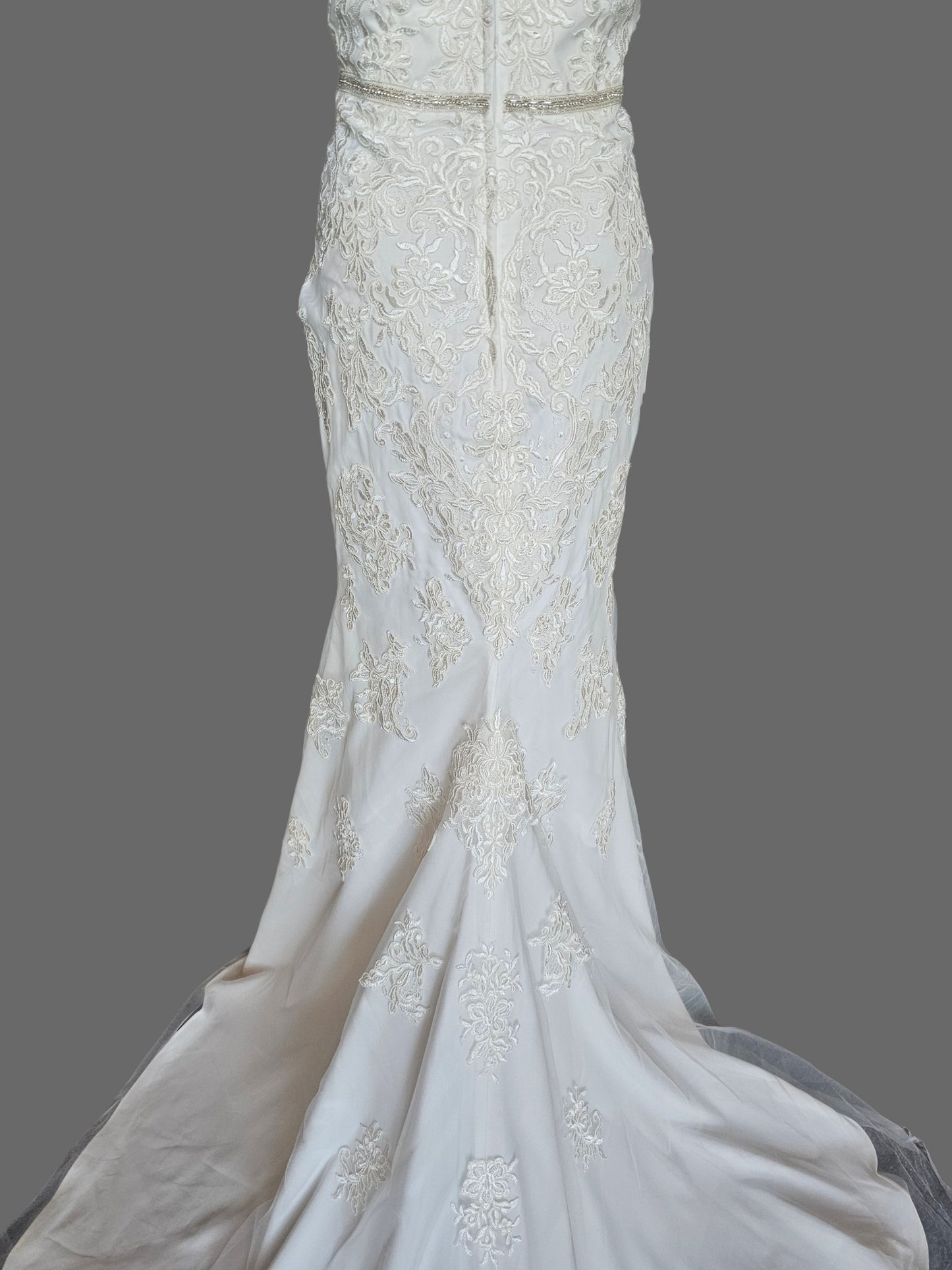 Lace V-Neck Belted Fit/Flare Wedding Gown - DaVinci
