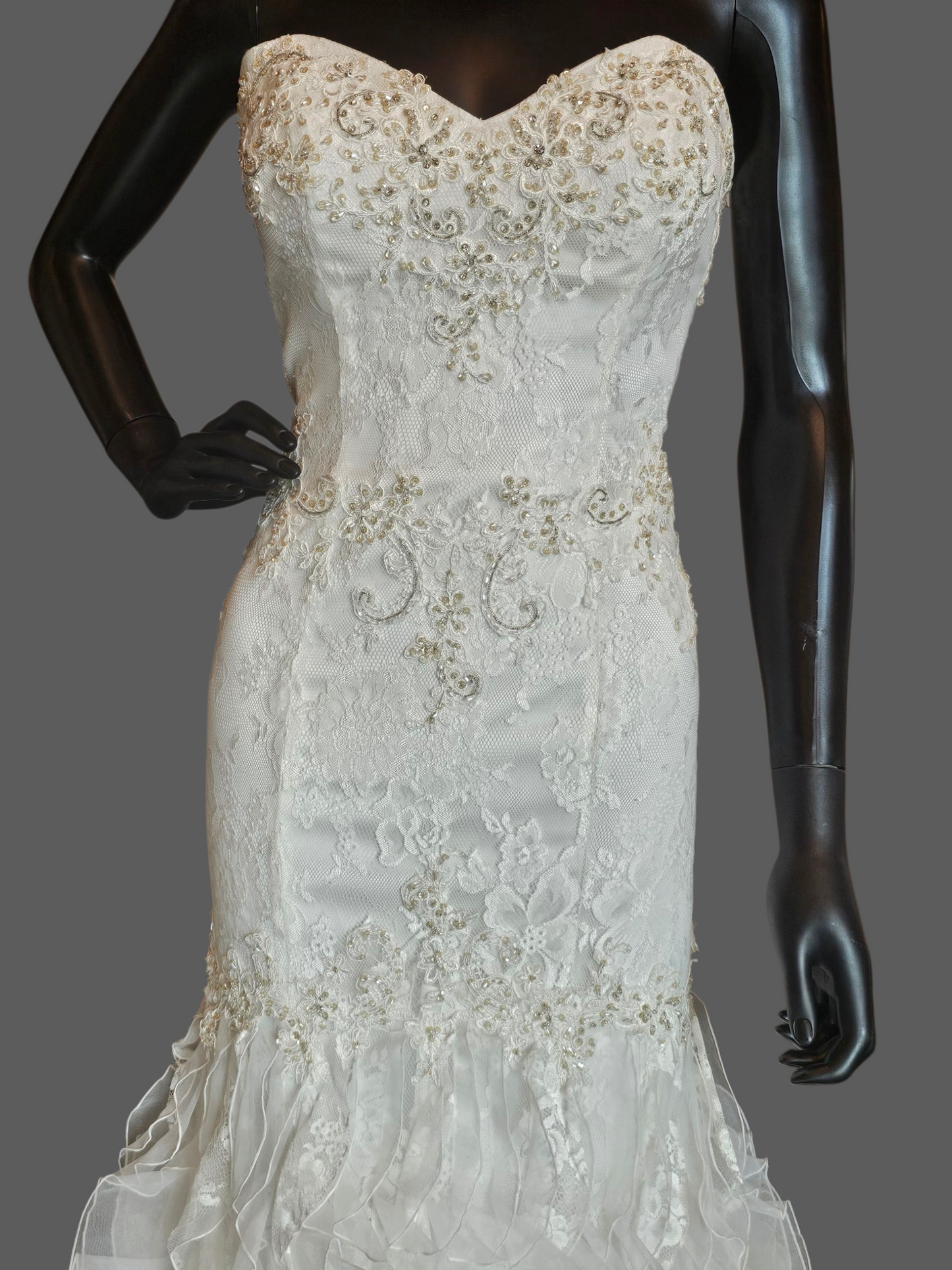 Ivory Lace Strapless Sweetheart Fit/Flare Verticle Ruffle Wedding Gown - Casablanca