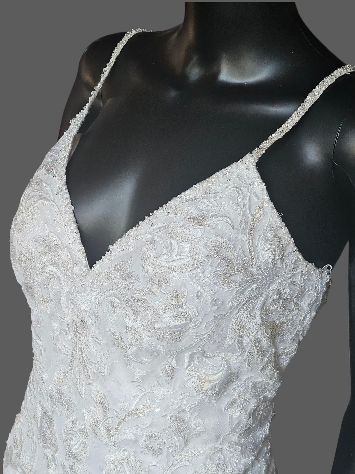 White Lace Metallic Embroidered Fit/Flare Wedding Gown - Mori Lee