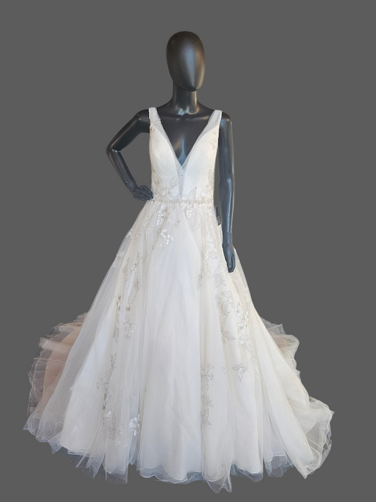 Ivory/Vanilla V-Neck Belted A-line Floral Embroidered Wedding Gown - Martin Thornburg