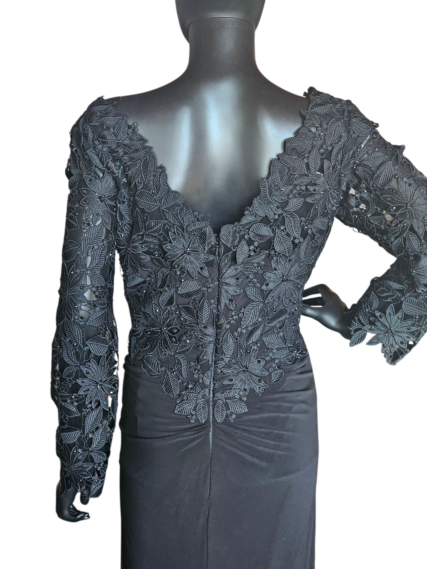 Black Open Weave Lace Long Sleeve V-Neck Formal Dress - Madeline Gardner