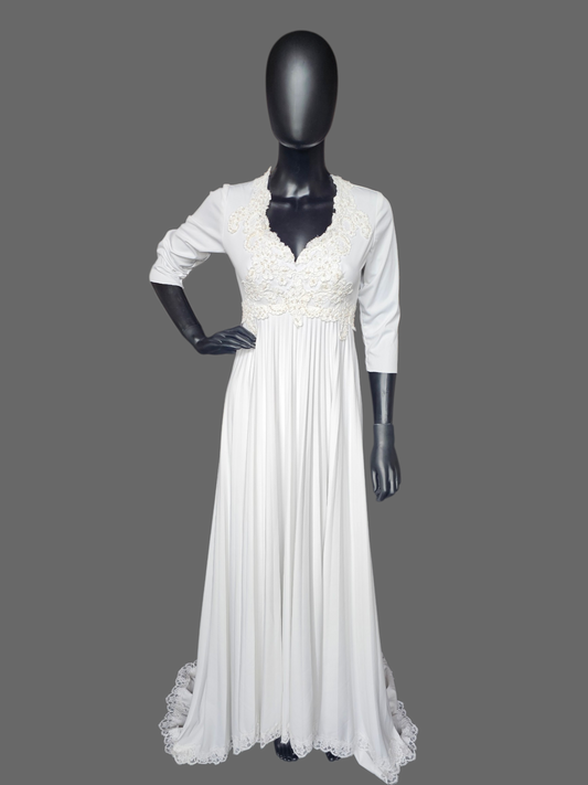 Vintage White 3/4 Sleeve Jersey Lace Detail V-Neck Wedding Gown - Renewal