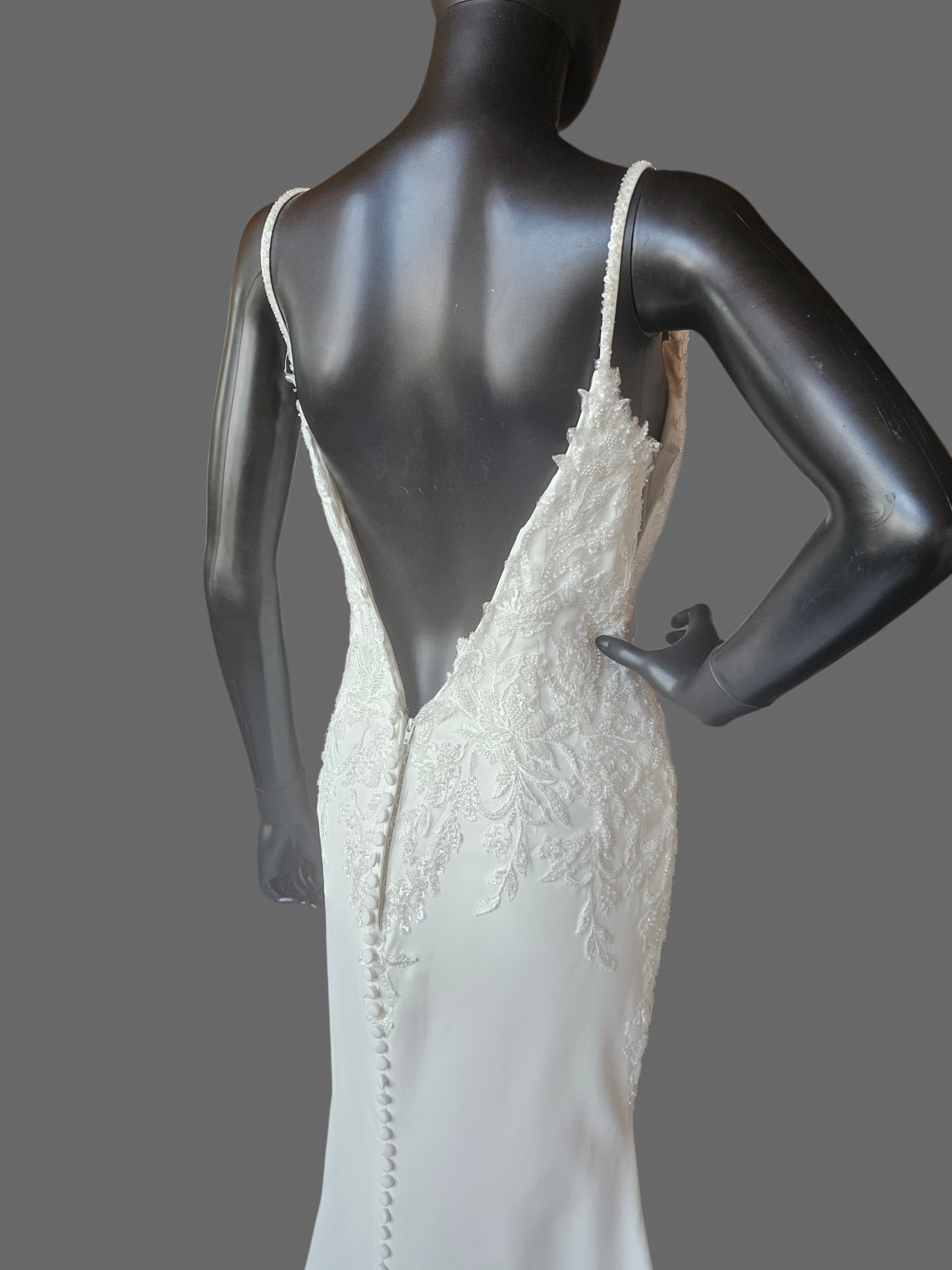 Ivory Crepe Plunge Beaded Fit/Flare Spaghetti Strap Wedding Gown - Maggie Sottero