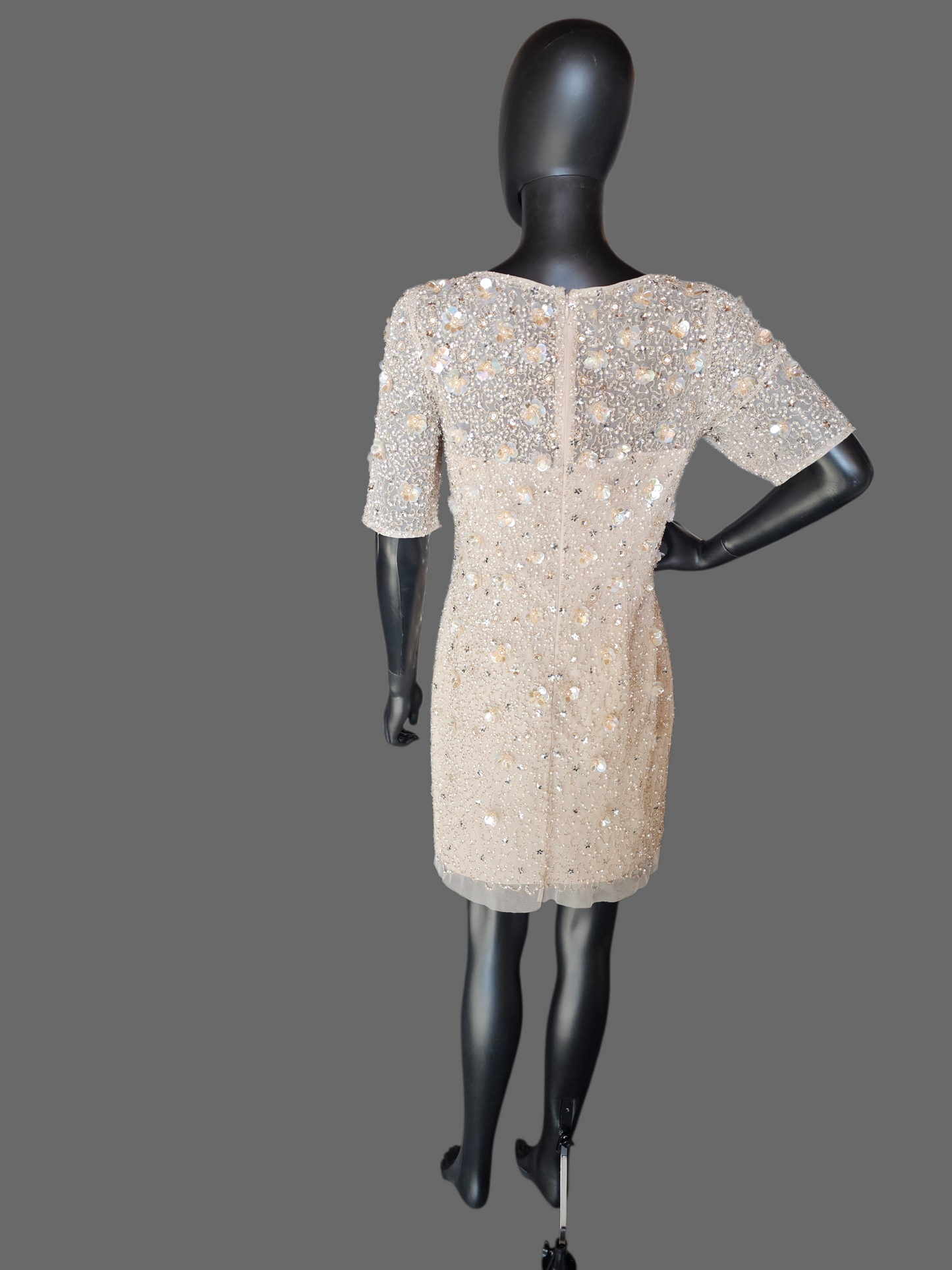 Nude Short Cap Sleeve Floral Beaded Cocktail Dress - Adrianna Papell