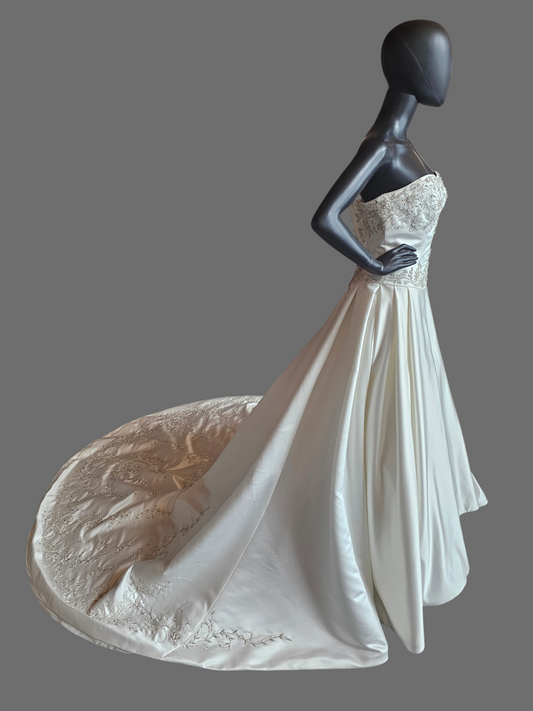 Ivory Satin Strapless Basque Waist Embroidered Wedding Gown  - Signature