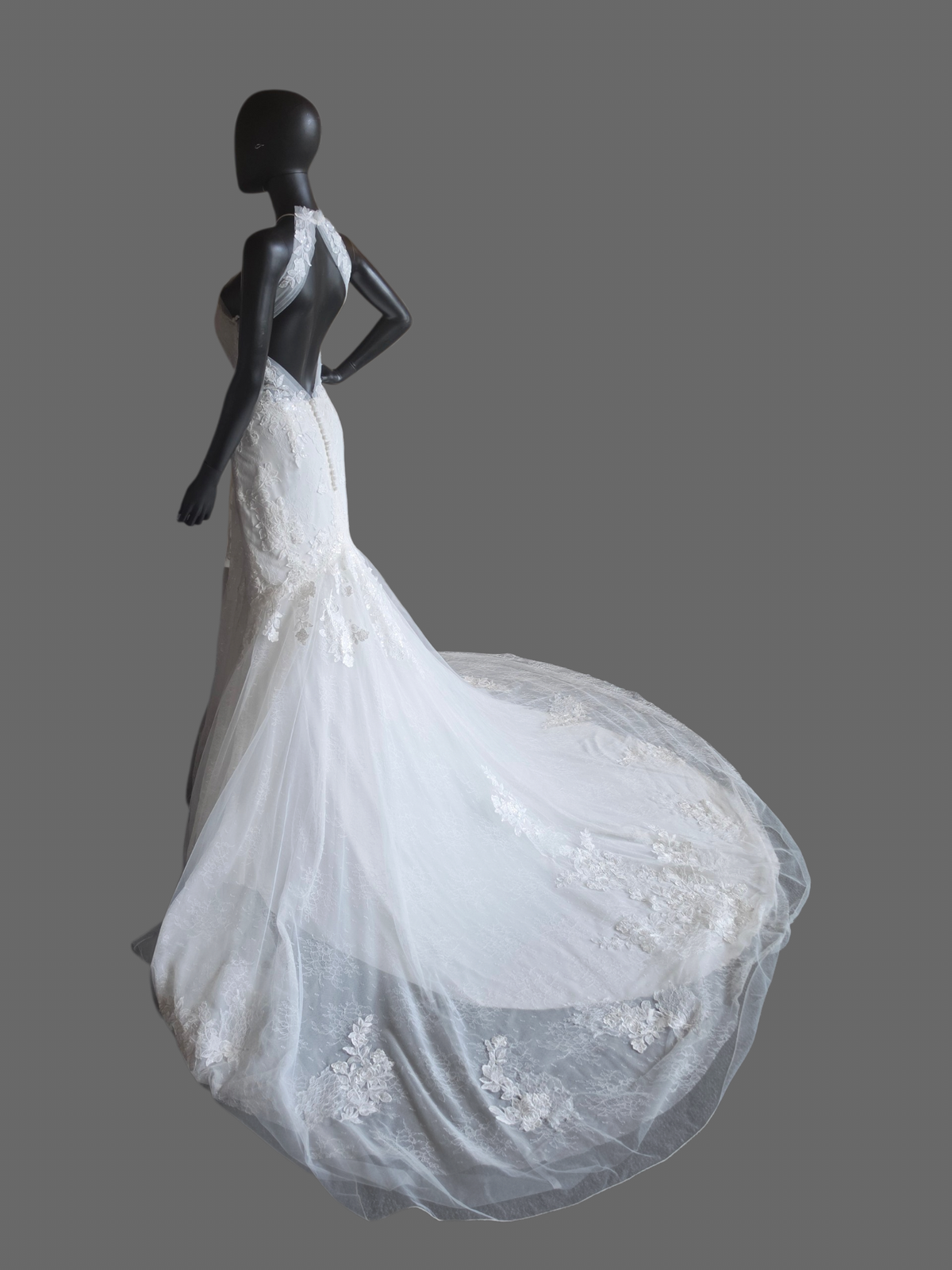 Lace Halter Fit/Flare Open Back Wedding Gown - Lillian West
