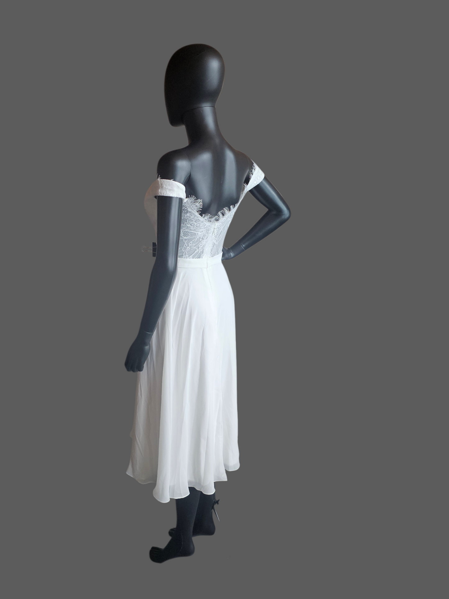 White Off Shoulder Tea Length Courthouse Wedding Dress - JJ's House NWT