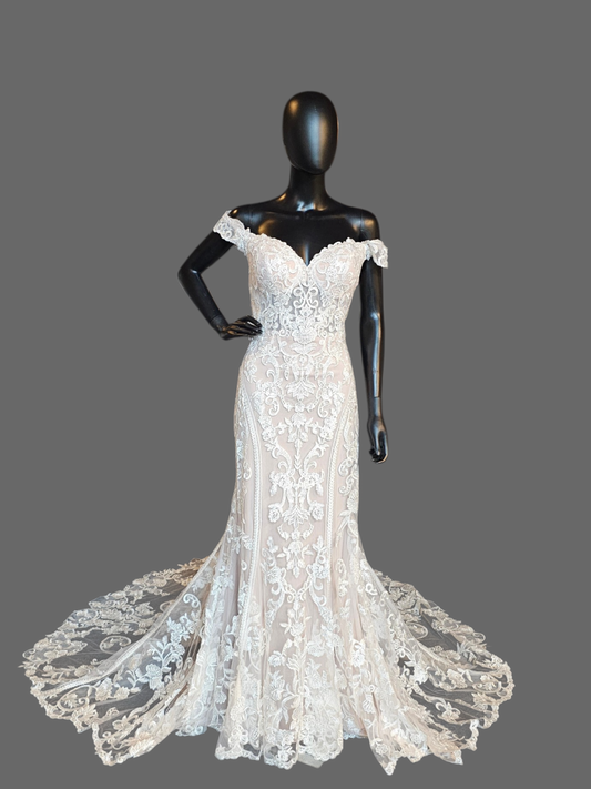 Nude/Ivory Lace Deco Off Shoulder Fitted Wedding Gown - Allure