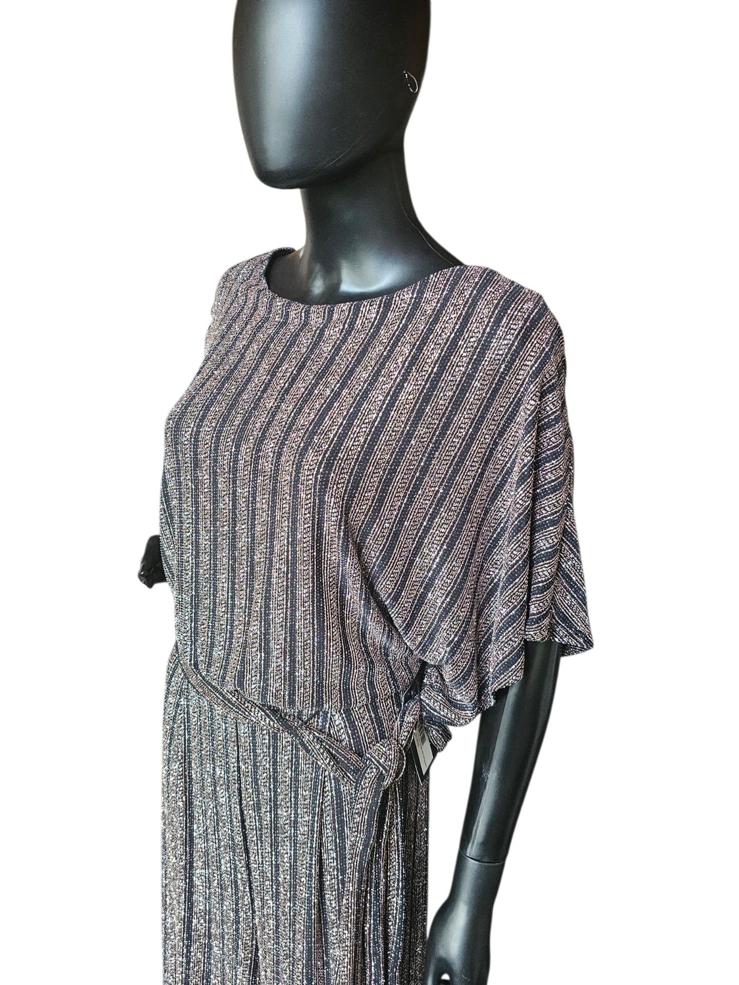 Black/Rose Gold Striped Belted Wide Leg Romper Jumpsuit - Jessica Howard