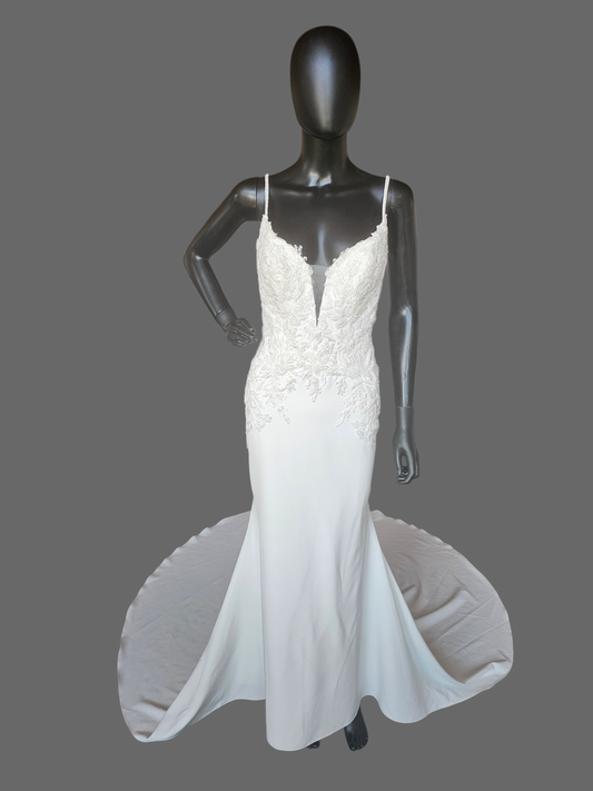 Ivory Crepe Plunge Beaded Fit/Flare Spaghetti Strap Wedding Gown - Maggie Sottero