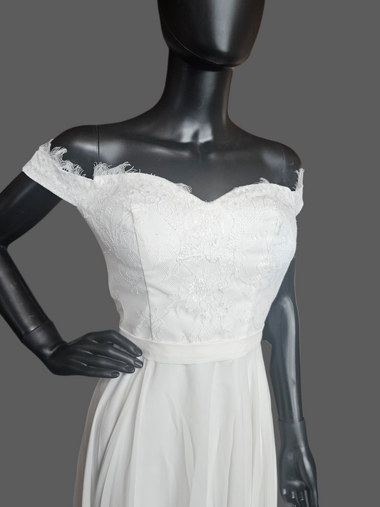 White Off Shoulder Tea Length Courthouse Wedding Dress - JJ's House NWT