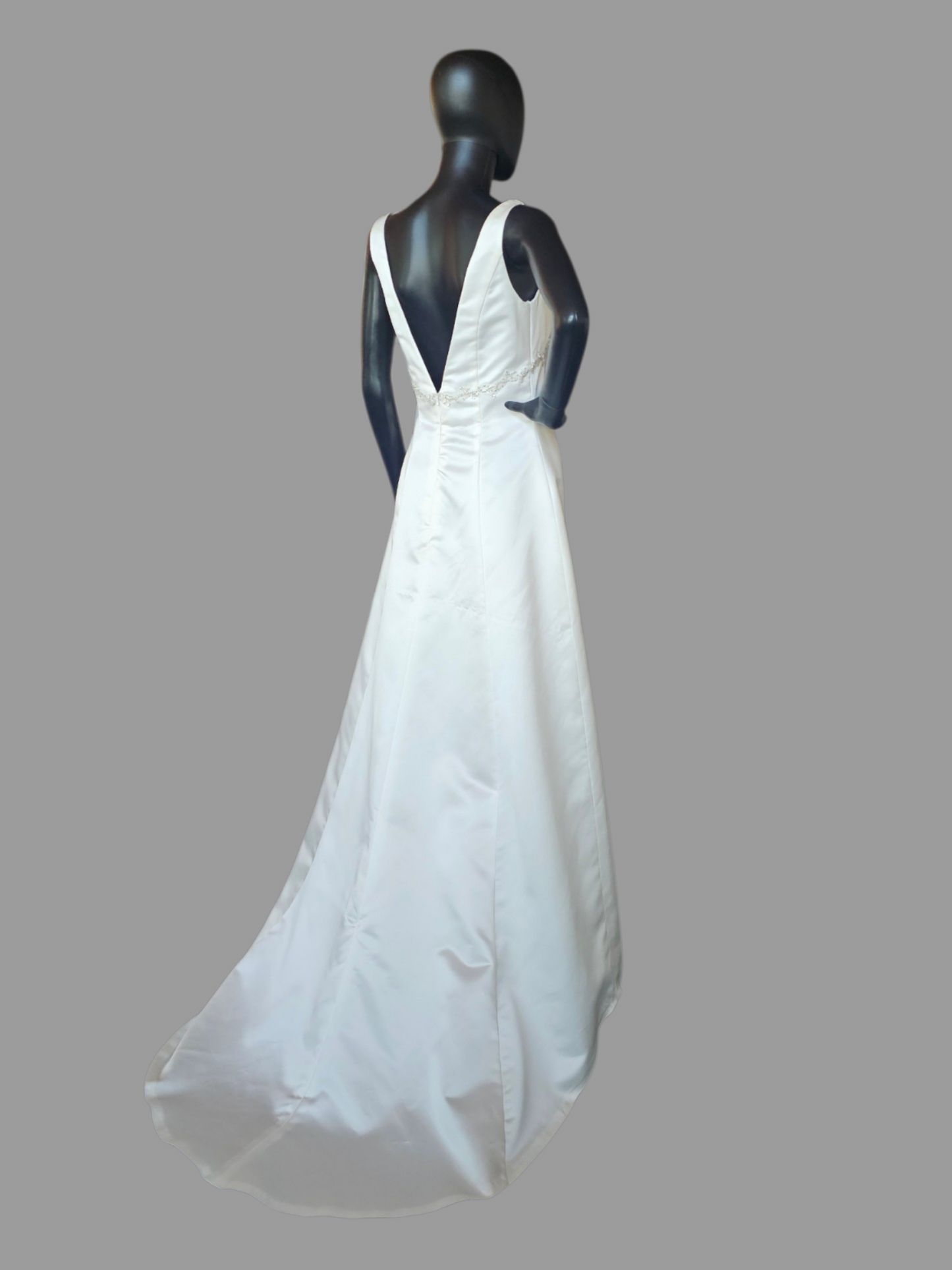 Ivory Simple Satin V-Neck Sheath Open Back Applica Detail Wedding Dress- Destiny