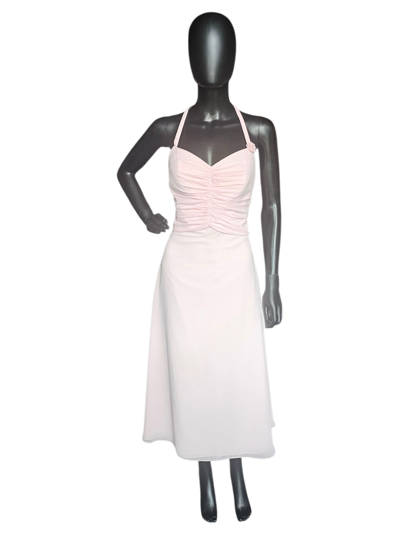 Petal Pink Chiffon Shirred Halter Party/Cocktail Midi Dress NWOT- Mori Lee
