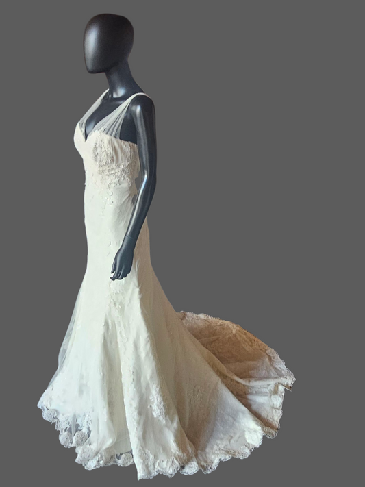 Dark Ivory Lace Fit/Flare V-Neck Wedding Gown - Pronovias