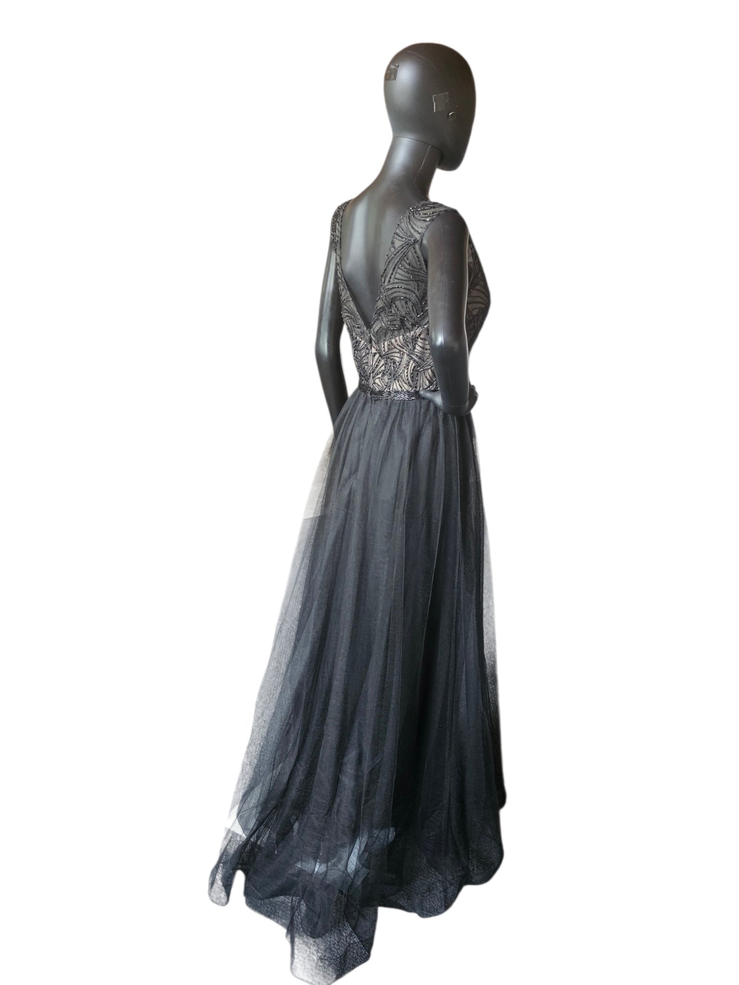 Black Embroidered A-Line Illusion Bodice Full Length Formal Dress - Mori Lee