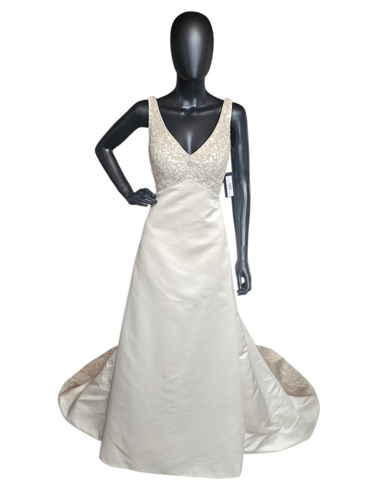 Champagne Empire Satin V-Neck Wedding Gown - Casablanca
