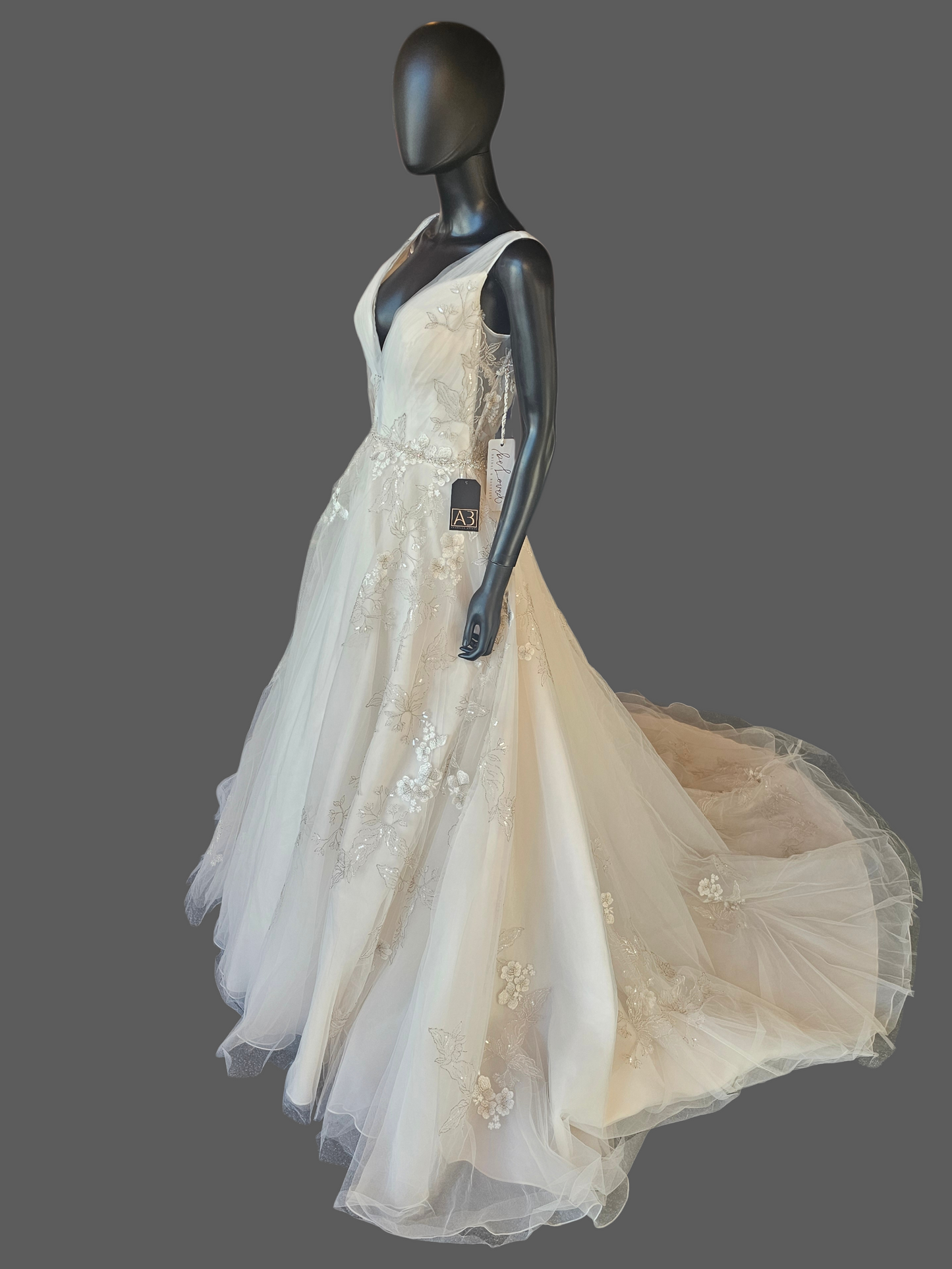 Ivory/Vanilla V-Neck Belted A-line Floral Embroidered Wedding Gown - Martin Thornburg