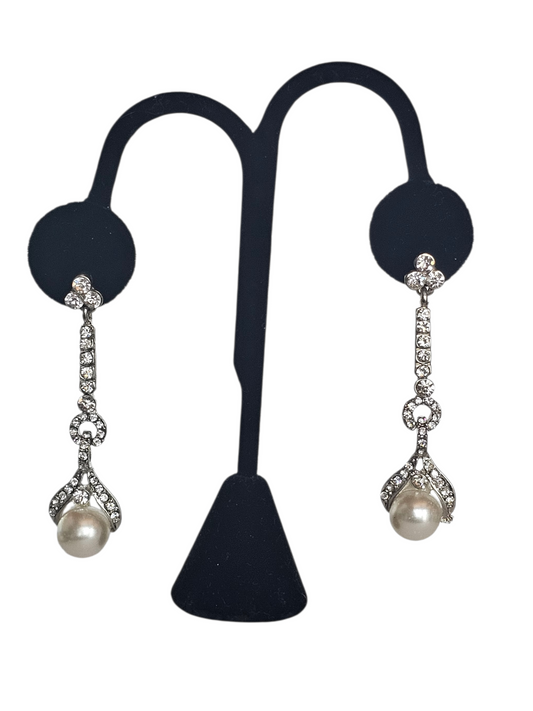 Long Silver/Rhinestone Pearl Drop Earring - Mariell