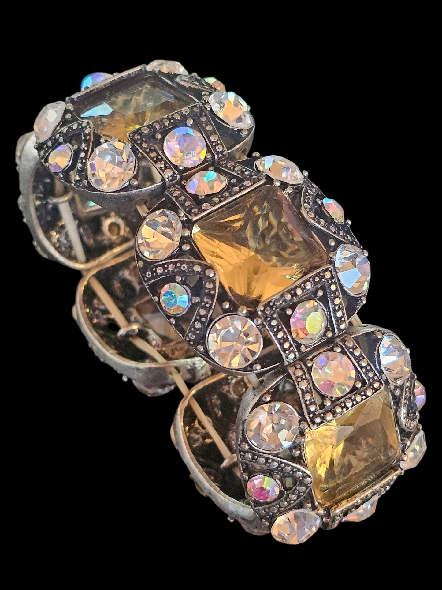 Large Antique Silver Crystal Stretch Bracelet